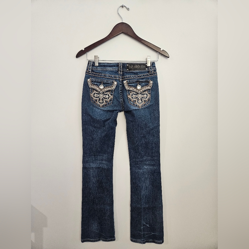 LA Idol USA Rhinestone Cross Flap Pocket Jeans 1/27x34 Tall Y2K Western Bling
